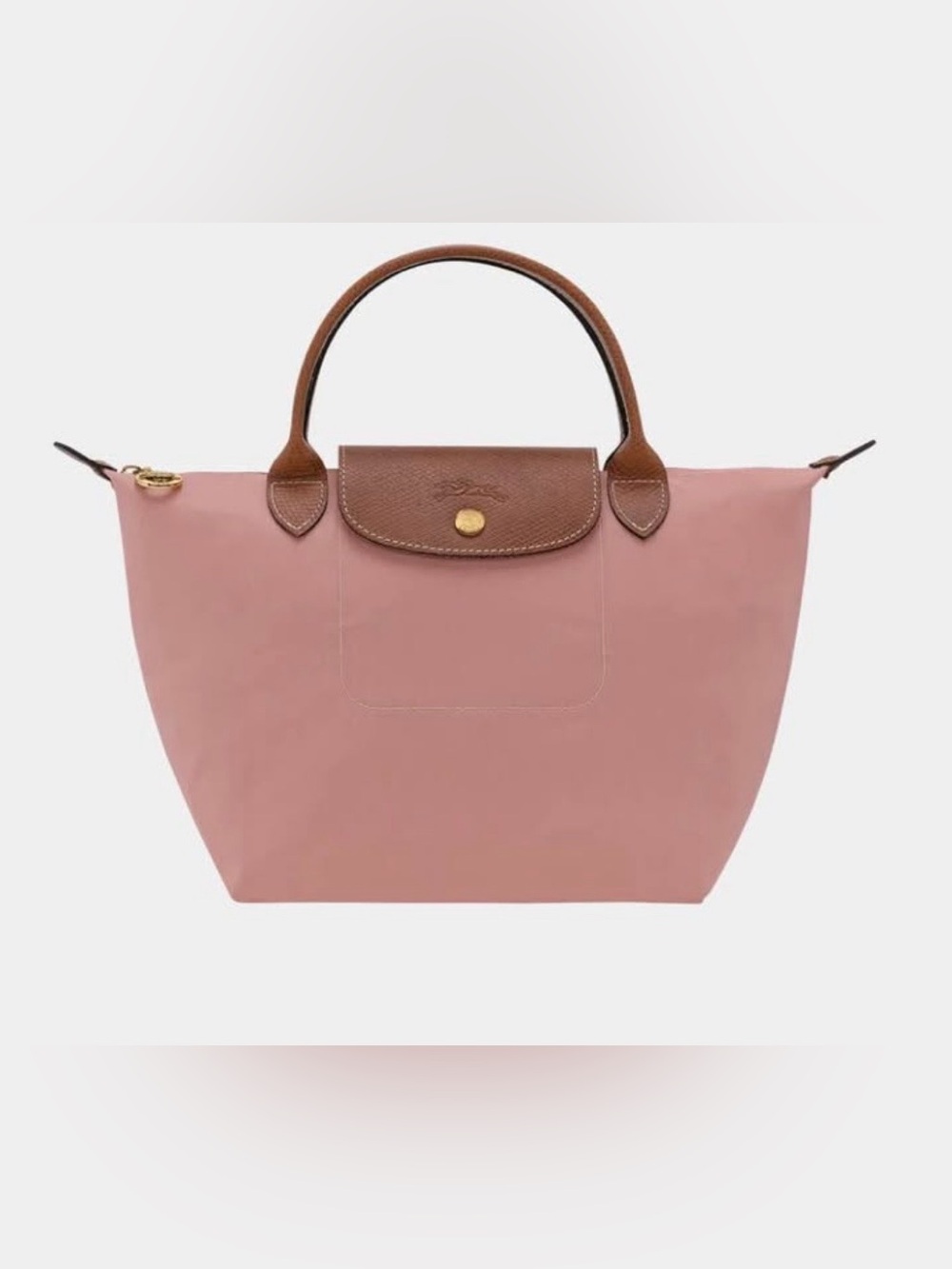 Longchamp Small Le Pliage Top-Handle Tote in Dusty Rose with Brown Trim